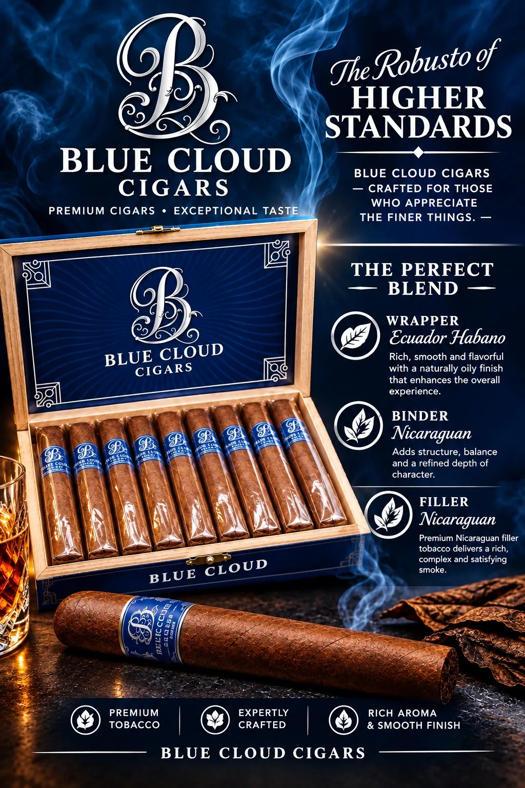 An open royal-blue box of Blue Cloud Cigars filled with nine banded cigars, with a single robusto cigar, a glass of whiskey, and tobacco leaves arranged in front.
